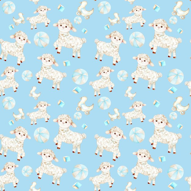 Sheep on a blue background Seamless pattern is hand drawn Suitable for textiles scrap paper