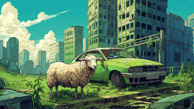 Sheep on Broken Car in PostApocalyptic City Anime Style Vector Art