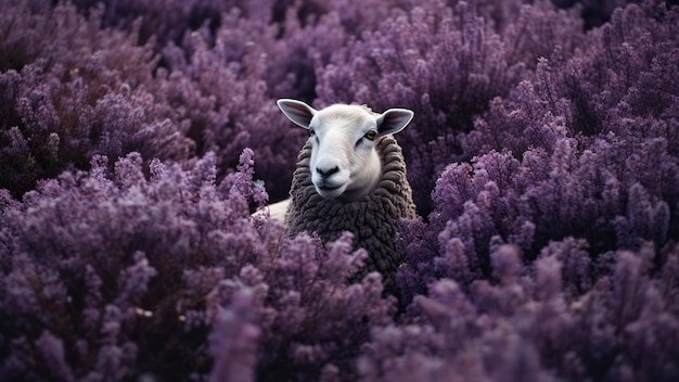 A sheep in a field of purple flowe