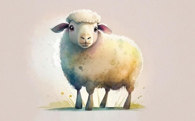 A sheep in a field with a cloudy sky. watercolor illustrations cartoon style ai generated