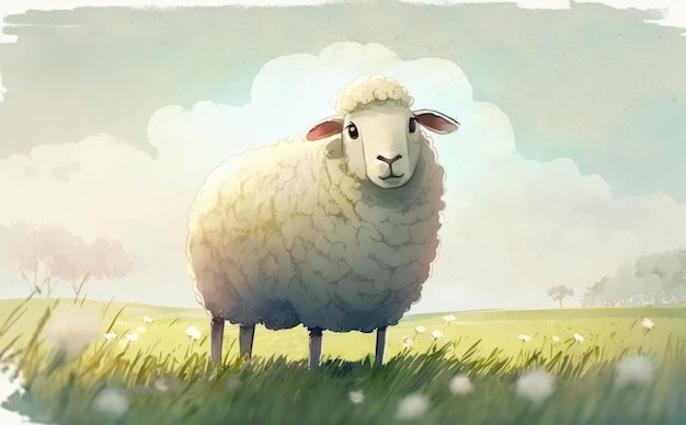 A sheep in a field with a cloudy sky. watercolor illustrations cartoon style ai generated