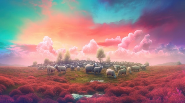 A sheep in a field with a colorful sky in the background