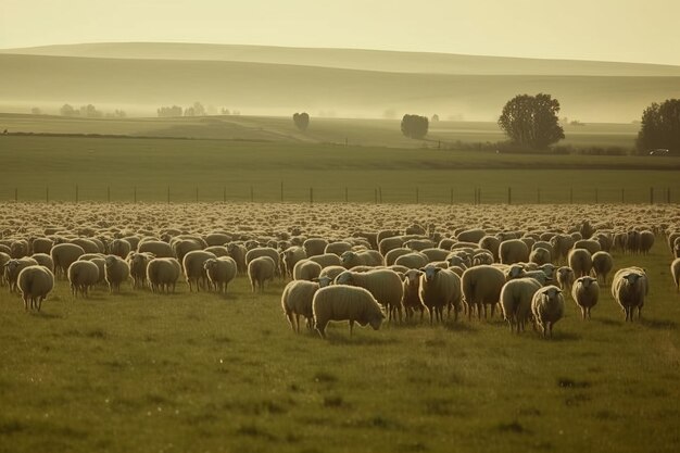 Sheep in a field with a tree in the background