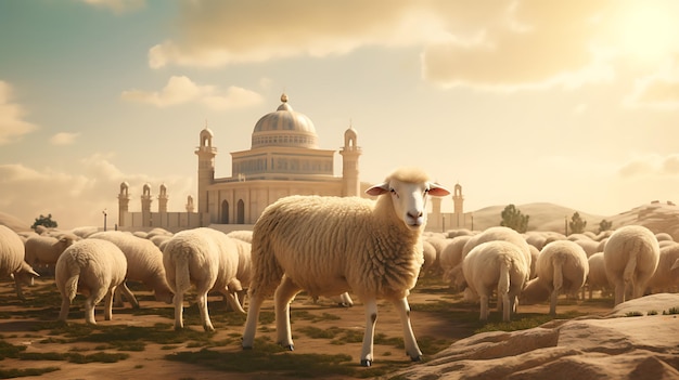 sheep in front of an old mosque