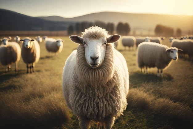 Sheep graze the pastures in mountain Herd of sheep and lambs grazing grass on cloudy day AI Generation