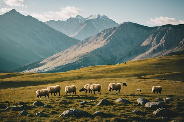 Sheep grazing in alpine meadows and units with mountain nature Generative AI