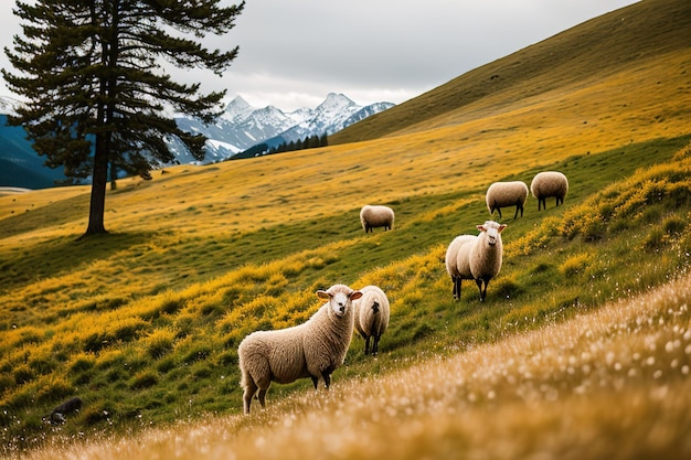 Sheep grazing in alpine meadows and units with mountain nature Generative AI