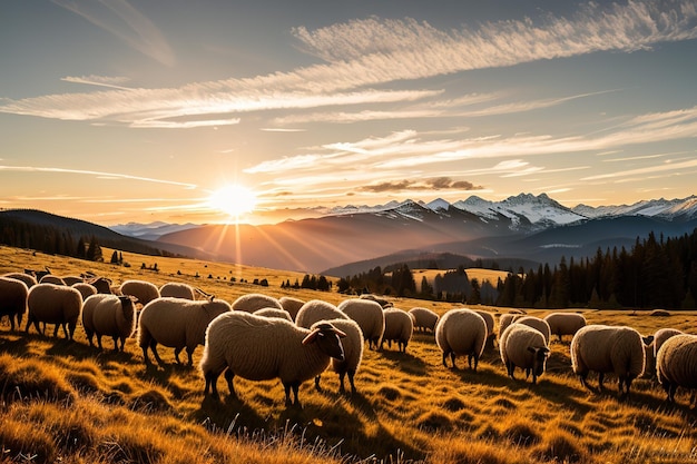 Sheep grazing in alpine meadows and units with mountain nature Generative AI