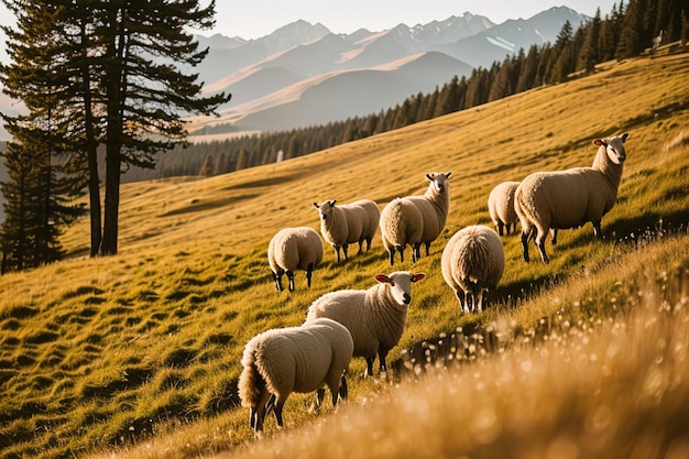 Sheep grazing in alpine meadows and units with mountain nature Generative AI