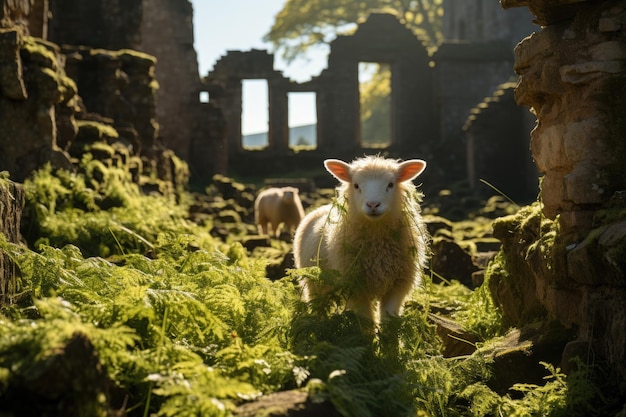 Sheep grazing between ancient ivy covered ruins at sunset generative IA