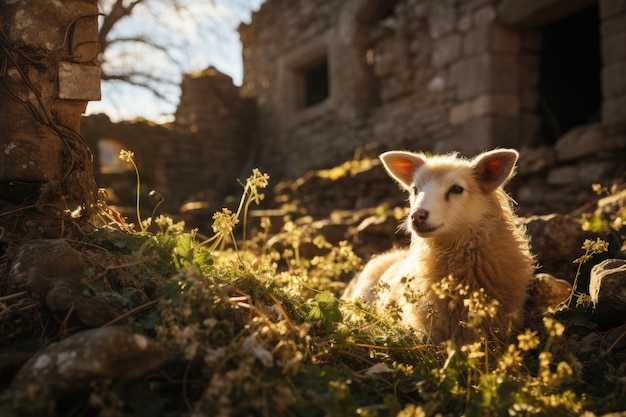 Sheep grazing between ancient ivy covered ruins at sunset generative IA