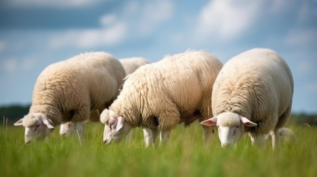 Sheep grazing in a field with a blue sky in the background