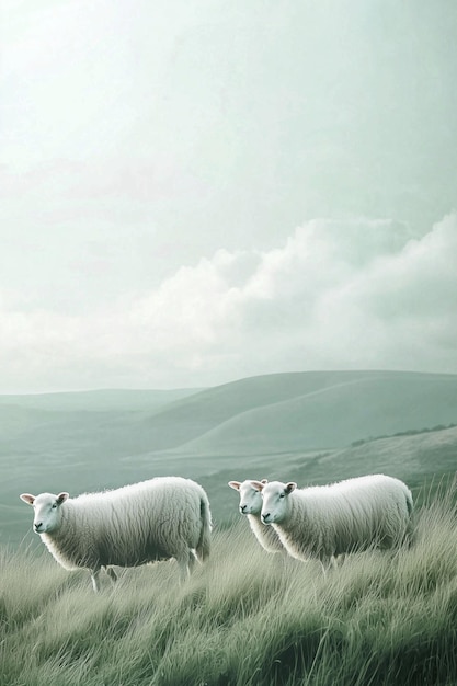 Photo sheep grazing on a pasture beautiful picturesque landscape generative ai