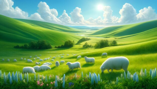 Sheep grazing in serene green valley under bright sun