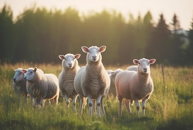 Sheep group and lamb on a meadow with green grass