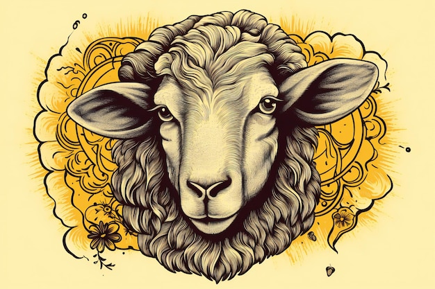 Sheep head with floral ornament on yellow background Hand drawn