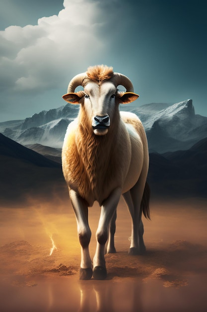 A sheep is standing in the desert with mountains in the background.