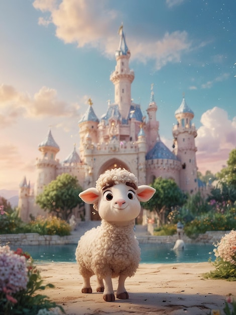 a sheep is standing in front of a castle with a castle in the background