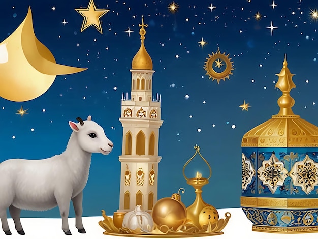 a sheep is standing next to a mosque and a tower with a moon and a star on it