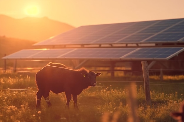 Sheep and lambs on green field with solar panels at sunset