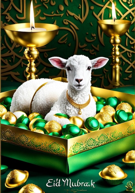 Photo a sheep laying in a bowl of gold and green candy