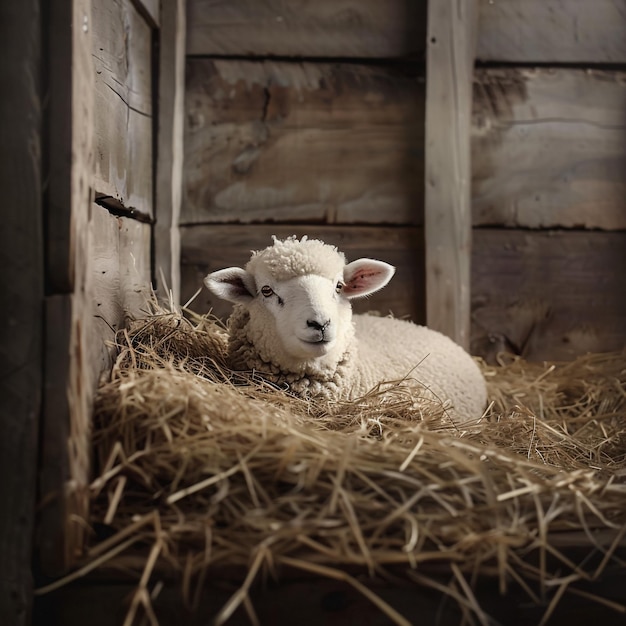 a sheep laying in a wooden shed with hay and straw