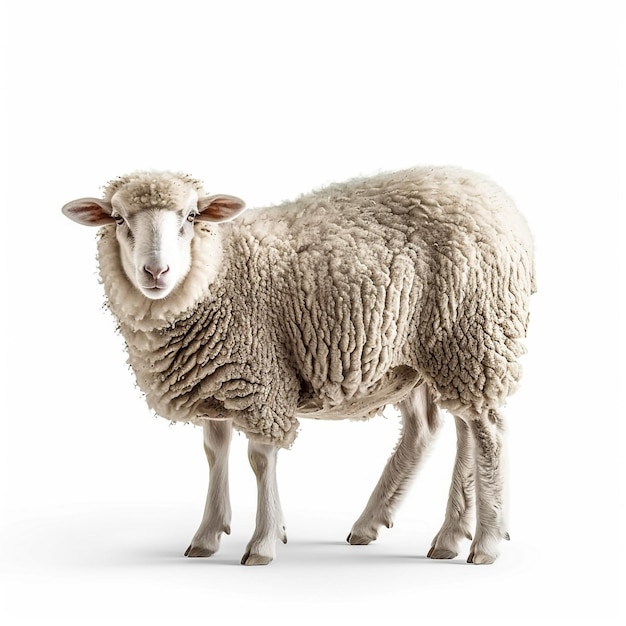 Sheep lying and looking up against white background