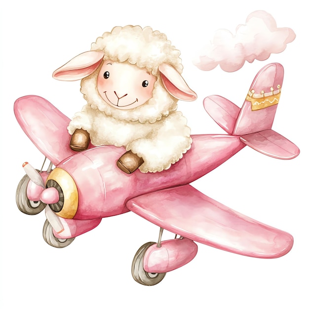 sheep on pink airplane nuresery watercolor