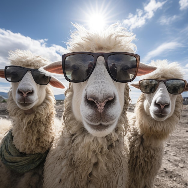 sheep portrait with sunglasses Funny animals in a group together looking at the camera wearing clothes having fun together taking a selfie An unusual moment full of fun fashion consciousness