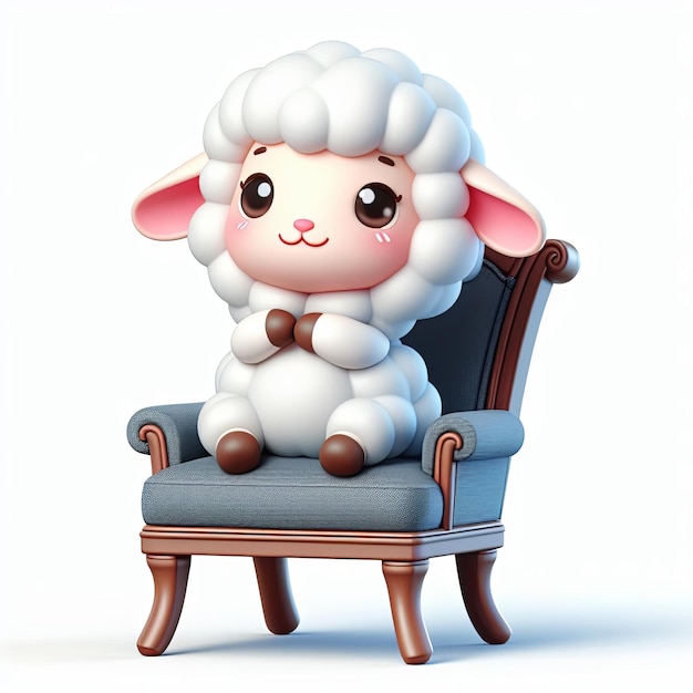 a sheep sits on a chair with a white background