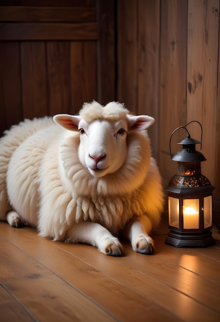 Photo a sheep sits on the floor with a candle and a lantern