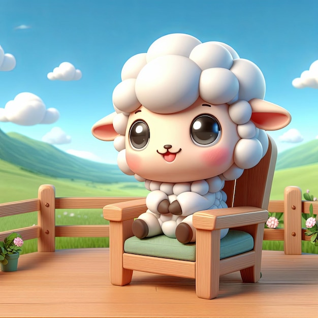 a sheep sits in a rocking chair with a mountain in the background