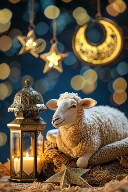 a sheep sits on a table with a clock behind it