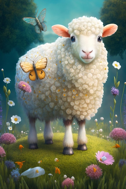 Sheep standing on top of a lush green field generative ai