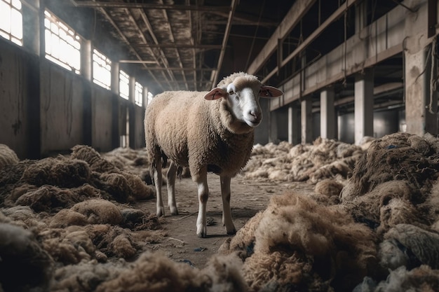 Sheep standing in a wool factory surrounded by piles of wool Generative AI