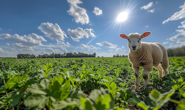 a sheep stands in a field of green beans with the sun shining on the top