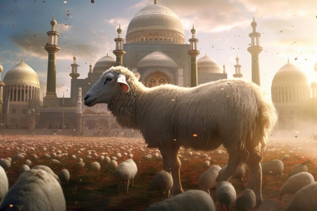 A sheep stands in a field with a mosque in the background.