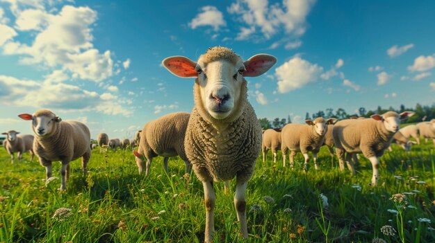 a sheep stands in a field with a sheep in the background