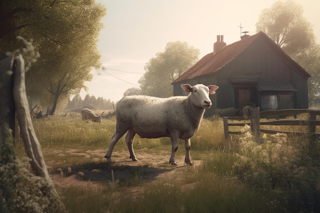 A sheep stands in front of a house in the country.