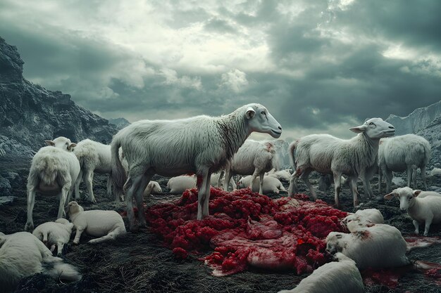 Photo sheep surrounded by blood