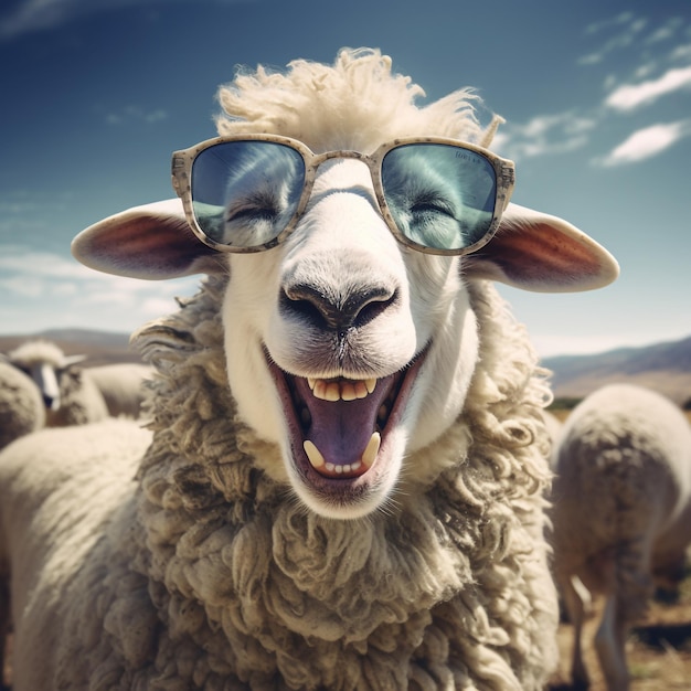 Sheep wearing funny glasses photo realistic style smiling