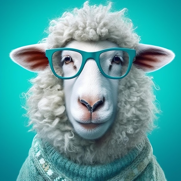 A sheep wearing glasses and sweater