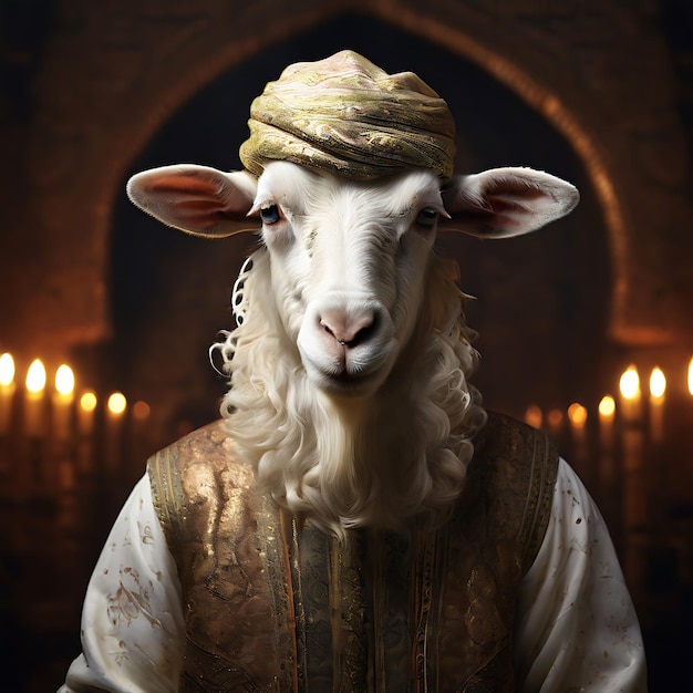 a sheep wearing a gold hat with a gold crown on it