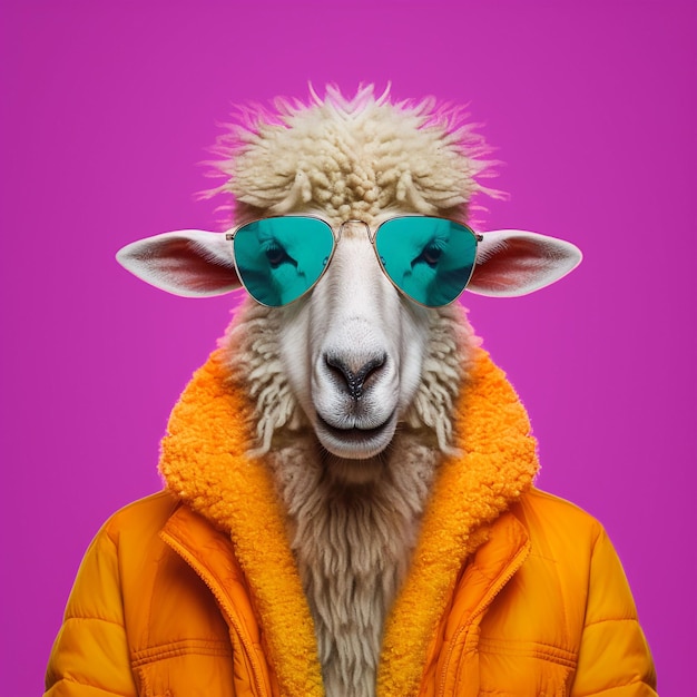 A sheep wearing a jacket and sunglasses with the word lamb on it.