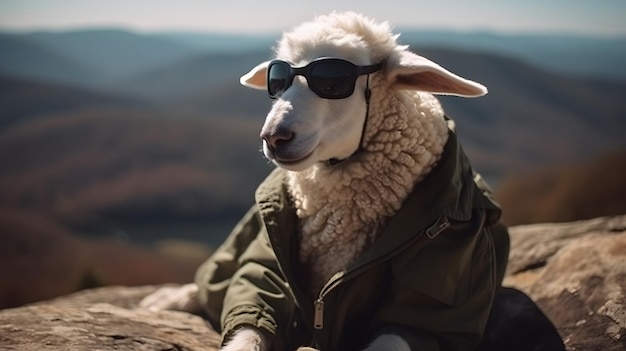 A sheep wearing sunglasses and a jacket sits on a rock.