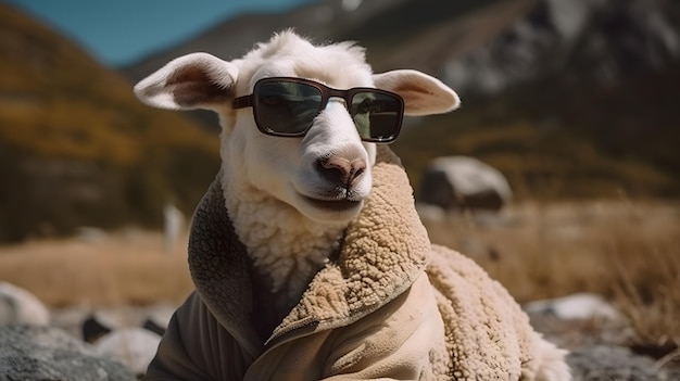 A sheep wearing sunglasses and a jacket with the word " sheep " on it