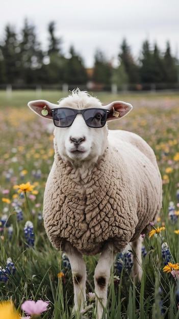 A sheep wearing trendy sunglasses and standing in a field of colorful flowers