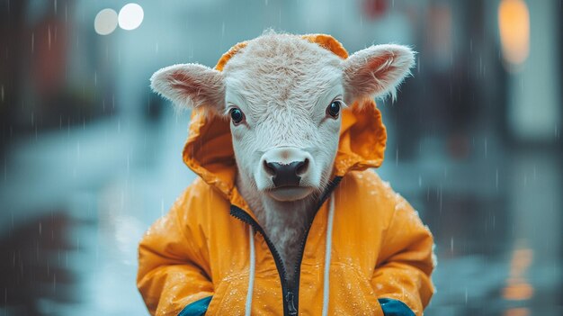 a sheep wearing a yellow jacket with a hood that says sheep