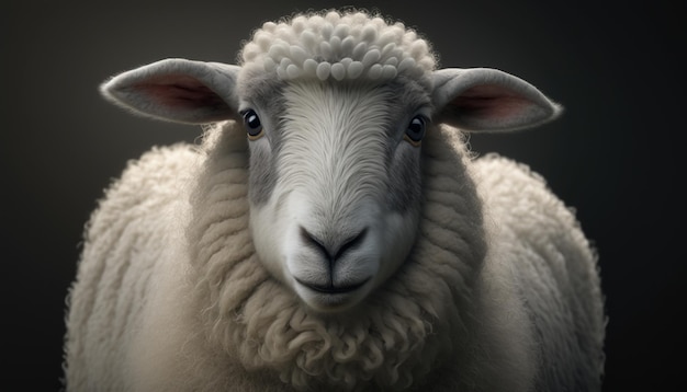 A sheep with a black background and a white face.