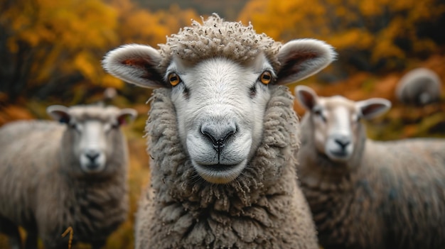 a sheep with a black face and a brown face and a yellow background with autumn trees in the background